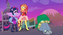 Size: 1920x1080 | Tagged: safe, screencap, character:sunset shimmer, character:twilight sparkle, character:twilight sparkle (scitwi), character:wallflower blush, species:eqg human, equestria girls:forgotten friendship, g4, my little pony:equestria girls, boots, clothing, costume, crying, dress, female, fetal position, glasses, high heel boots, mountain, parking lot, pickup truck, ponied up, ponytail, remorse, sad, school, scitwilicorn, shoes, stars, super ponied up, truck