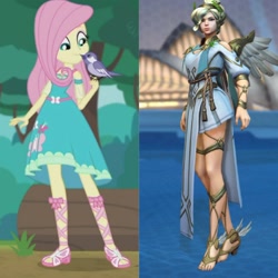 Size: 1763x1763 | Tagged: safe, screencap, character:fluttershy, species:bird, episode:text support, g4, my little pony:equestria girls, comparison, cropped, feet, geode of fauna, legs, magical geodes, mercy, overwatch, sandals, text support: fluttershy