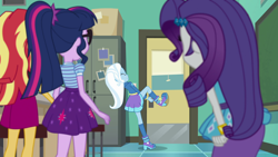 Size: 1920x1080 | Tagged: safe, screencap, character:rarity, character:sunset shimmer, character:trixie, character:twilight sparkle, character:twilight sparkle (scitwi), species:eqg human, equestria girls:forgotten friendship, g4, my little pony:equestria girls, boots, clothing, high heel boots, high heels, hoodie, shoes, skirt, socks