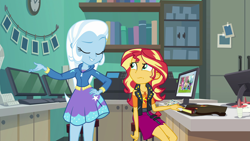 Size: 1920x1080 | Tagged: safe, screencap, character:sunset shimmer, character:trixie, equestria girls:forgotten friendship, g4, my little pony:equestria girls, duo, geode of empathy, magical geodes, unamused