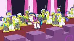 Size: 1440x810 | Tagged: safe, screencap, character:shining armor, species:pegasus, species:pony, species:unicorn, episode:a canterlot wedding, g4, my little pony: friendship is magic, armor, helmet, hoof shoes, male, pegasus royal guard, raised hoof, royal guard, royal guard armor, saddle, salute, spear, stallion, tack, unicorn royal guard, weapon