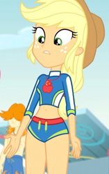 Size: 452x720 | Tagged: safe, screencap, character:applejack, episode:blue crushed (a.k.a baewatch), g4, my little pony:equestria girls, applejack's hat, background human, belly button, clothing, cowboy hat, cropped, female, geode of super strength, hat, magical geodes, male, swimsuit, valhallen