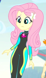 Size: 318x532 | Tagged: safe, screencap, character:fluttershy, episode:blue crushed (a.k.a baewatch), g4, my little pony:equestria girls, clothing, cropped, geode of fauna, magical geodes, offscreen character, solo, swimsuit, valhallen, wetsuit