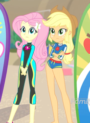 Size: 480x653 | Tagged: safe, screencap, character:applejack, character:fluttershy, episode:blue crushed (a.k.a baewatch), g4, my little pony:equestria girls, animation error, applejack's hat, belly button, clothing, confused, cowboy hat, cropped, crossed arms, female, freckles, geode of fauna, geode of super strength, hat, jewelry, legs, magical geodes, necklace, surfboard, swimsuit, wetsuit