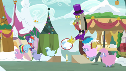 Size: 1280x720 | Tagged: safe, screencap, character:discord, character:rainbow dash, species:draconequus, species:pegasus, species:pony, species:sheep, episode:best gift ever, g4, my little pony: friendship is magic, bow tie, candle, clothing, cute, female, hat, hoop, jumping, male, mare, scarf, snow, tiny ewes, top hat, winter
