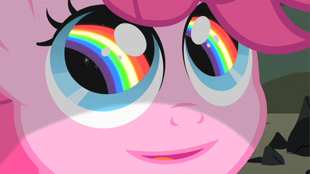 Size: 622x350 | Tagged: safe, screencap, character:pinkamena diane pie, character:pinkie pie, species:earth pony, species:pony, episode:sonic rainboom, episode:the cutie mark chronicles, g4, my little pony: friendship is magic, animated, dilated pupils, ei, eyes on the prize, filly, filly pinkie pie, happy, hub logo, looking up, open mouth, rainbow, rainbow eyes, rock farm, smiling, solo, starry eyes, wingding eyes, younger