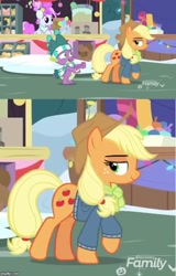 Size: 500x783 | Tagged: safe, screencap, character:applejack, character:spike, species:dragon, species:pony, episode:best gift ever, g4, my little pony: friendship is magic, clothing, discovery family logo, hat, looking back, smugface, snow, winged spike