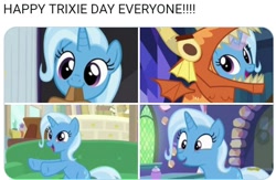 Size: 592x387 | Tagged: safe, screencap, character:trixie, species:pony, species:unicorn, episode:all bottled up, episode:on the road to friendship, episode:to where and back again, episode:uncommon bond, g4, my little pony: friendship is magic, :3, clothing, costume, cute, diatrixes, female, happy, mare, mouth hold, open mouth, saddle bag, sitting, smiling, text, trixie day, wide eyes
