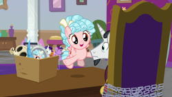 Size: 1280x720 | Tagged: safe, screencap, character:chancellor neighsay, character:cozy glow, species:pegasus, species:pony, species:unicorn, episode:school raze, g4, my little pony: friendship is magic, box, chains, chair, duo, facial hair, female, filly, foal, goatee, male, skull, stallion