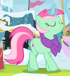 Size: 705x772 | Tagged: safe, screencap, character:minty bubblegum, species:pony, species:unicorn, episode:best gift ever, g4, my little pony: friendship is magic, background pony, clothing, cropped, eyes closed, female, magic, magic aura, mare, scarf, solo