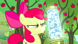 Size: 1439x810 | Tagged: safe, screencap, character:apple bloom, species:earth pony, species:pony, episode:bloom and gloom, g4, my little pony: friendship is magic, apple tree, bow, canister, female, filly, foal, hair bow, narrowed eyes, solo, tree, twittermite