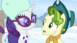 Size: 1920x1080 | Tagged: safe, screencap, character:pistachio, character:rarity, species:earth pony, species:pony, species:unicorn, episode:best gift ever, g4, my little pony: friendship is magic, clothing, cowboy hat, duo, female, glasses, hat, male, mare, teenager