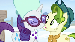 Size: 1920x1080 | Tagged: safe, screencap, character:pistachio, character:rarity, species:earth pony, species:pony, species:unicorn, episode:best gift ever, g4, my little pony: friendship is magic, clothing, cowboy hat, cute, duo, eyes closed, female, glasses, hat, male, mare, raribetes, smiling, teenager