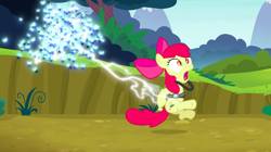 Size: 1440x804 | Tagged: safe, screencap, character:apple bloom, species:earth pony, species:pony, episode:bloom and gloom, g4, my little pony: friendship is magic, bow, cropped, electrocution, female, filly, foal, hair bow, lightning, literal butthurt, open mouth, pain, pest control gear, plot, solo, swarm, twitbuster apple bloom, twittermite