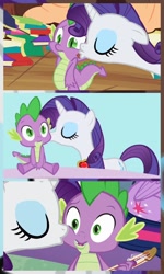 Size: 1228x2048 | Tagged: safe, screencap, character:rarity, character:spike, character:twilight sparkle, character:twilight sparkle (alicorn), species:alicorn, species:pony, episode:best gift ever, episode:secret of my excess, g4, my little pony: friendship is magic, book, cute, female, golden oaks library, heartwarming, kiss mark, kiss on the cheek, kissing, lipstick, male, shipping fuel, straight