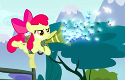 Size: 637x409 | Tagged: safe, screencap, character:apple bloom, species:earth pony, species:pony, episode:bloom and gloom, g4, my little pony: friendship is magic, balancing, bow, cropped, female, filly, foal, hair bow, insect, on one hoof, pest control gear, pest pony, solo, swarm, twitbuster apple bloom, twittermite