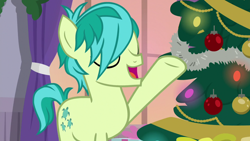 Size: 1280x720 | Tagged: safe, screencap, character:sandbar, species:pony, episode:the hearth's warming club, g4, my little pony: friendship is magic, christmas, christmas tree, cutie mark, hearth's warming tree, holiday, male, ornament, singing, solo, teenager, tree