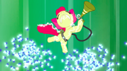 Size: 1440x810 | Tagged: safe, screencap, character:apple bloom, species:earth pony, species:pony, episode:bloom and gloom, g4, my little pony: friendship is magic, abstract background, electricity, electrocution, female, filly, foal, insect, pest control gear, pest pony, solo, swarm, twittermite