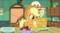 Size: 1440x809 | Tagged: safe, screencap, character:applejack, species:earth pony, species:pony, episode:bloom and gloom, g4, my little pony: friendship is magic, apple, bowl, breakfast, dishes, dream, female, food, mare, pancakes, smiling, solo