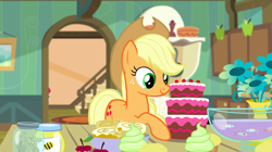 Size: 1440x809 | Tagged: safe, screencap, character:applejack, species:earth pony, species:pony, episode:bloom and gloom, g4, my little pony: friendship is magic, breakfast, cake, cinnamon bun, cupcake, dog biscuit, dream, female, fish, flower, food, honey, jar, mare, punch (drink), punch bowl, smiling, solo focus