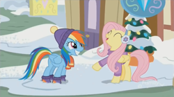 Size: 1350x757 | Tagged: safe, screencap, character:fluttershy, character:rainbow dash, species:pegasus, species:pony, episode:best gift ever, g4, my little pony: friendship is magic, boots, clothing, cute, dashabetes, duo, earmuffs, hat, scarf, shoes, shyabetes, smiling, snow, sweater, winter, winter outfit