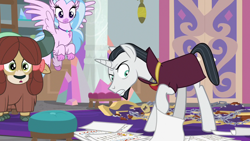 Size: 1280x720 | Tagged: safe, screencap, character:chancellor neighsay, character:silverstream, character:yona, species:classical hippogriff, species:hippogriff, species:pony, species:unicorn, species:yak, episode:school raze, g4, my little pony: friendship is magic, clothing, cloven hooves, female, flying, jewelry, male, necklace, paper, searching, stallion