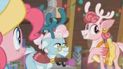 Size: 1350x754 | Tagged: safe, screencap, character:aurora, character:bori, character:pinkie pie, species:deer, species:reindeer, episode:best gift ever, g4, my little pony: friendship is magic