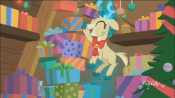 Size: 1354x758 | Tagged: safe, screencap, character:alice, episode:best gift ever, g4, my little pony: friendship is magic, box, discovery family logo, flying, levitation, magic, oops, present, solo, telekinesis