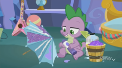 Size: 1350x752 | Tagged: safe, screencap, character:spike, species:dragon, episode:best gift ever, g4, my little pony: friendship is magic, arts and crafts, ball, bucket, discovery family logo, glitter, globe, glue, guitar, jar, solo, umbrella, winged spike