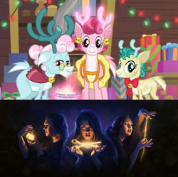 Size: 2000x1994 | Tagged: safe, screencap, character:alice, character:aurora, character:bori, episode:best gift ever, g4, my little pony: friendship is magic, atropos, clotho, comparison, female, greek mythology, lachesis, moirae sisters, mythology, the gift givers, the three fates