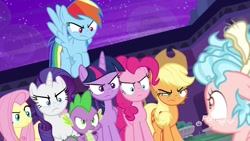 Size: 1920x1080 | Tagged: safe, screencap, character:applejack, character:cozy glow, character:fluttershy, character:pinkie pie, character:rainbow dash, character:rarity, character:spike, character:twilight sparkle, character:twilight sparkle (alicorn), species:alicorn, species:dragon, species:earth pony, species:pegasus, species:pony, species:unicorn, episode:school raze, g4, my little pony: friendship is magic, angry, badass, clothing, death stare, discovery family logo, female, filly, floppy ears, flying, foal, furious, hat, male, mane seven, mane six, mare, messy mane, now you fucked up, raised eyebrow, scared, she ded, this will end in a time-out, this will end in jail time, winged spike, you dun goofed