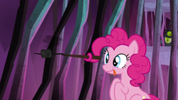 Size: 1280x720 | Tagged: safe, screencap, character:pinkie pie, species:earth pony, species:pony, episode:school raze, g4, my little pony: friendship is magic, burned, cage, cute, faec, female, food, mare, marshmallow, pinkie being pinkie, prehensile mane, solo focus, stick, tartarus, tongue out