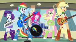 Size: 1280x714 | Tagged: safe, screencap, character:applejack, character:fluttershy, character:pinkie pie, character:rainbow dash, character:rarity, equestria girls:rainbow rocks, g4, my little pony:equestria girls, applejack's hat, bass guitar, clothing, cowboy hat, drums, guitar, hat, humane five, keytar, musical instrument, ponied up, tambourine