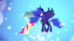 Size: 1440x808 | Tagged: safe, screencap, character:apple bloom, character:princess luna, species:alicorn, species:earth pony, species:pony, episode:bloom and gloom, g4, my little pony: friendship is magic, bow, cloud, depressed, dream realm, dream walker luna, duo, ethereal mane, female, filly, foal, galaxy mane, mare, rain, raincloud, spread wings, wet mane, wings