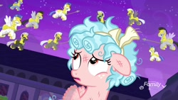 Size: 1920x1080 | Tagged: safe, screencap, character:cozy glow, species:pegasus, species:pony, episode:school raze, g4, my little pony: friendship is magic, armor, caught, cozybuse, defeated, female, filly, floppy ears, foal, justice, male, messy mane, now you fucked up, royal guard, satisfying frown, spear, stallion, weapon, you dun goofed
