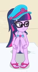 Size: 1138x2100 | Tagged: safe, screencap, character:twilight sparkle, character:twilight sparkle (scitwi), species:eqg human, equestria girls:forgotten friendship, g4, my little pony:equestria girls, beach, beach towel, clothing, cropped, feet, flip-flops, glasses, hat, legs, sandals, sexy, solo, swimsuit, towel