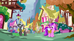 Size: 1440x809 | Tagged: safe, screencap, character:amethyst star, character:dark moon, character:graphite, character:minuette, character:mochaccino, character:rare find, character:sparkler, species:pony, species:unicorn, episode:tanks for the memories, g4, my little pony: friendship is magic, background pony, basket, female, icicle, looking up, magic, male, mare, ponyville, stallion, telekinesis, winter