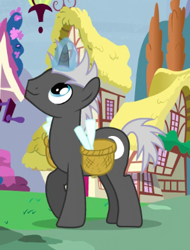 Size: 294x386 | Tagged: safe, screencap, character:dark moon, character:graphite, species:pony, species:unicorn, episode:tanks for the memories, g4, my little pony: friendship is magic, background pony, basket, cropped, icicle, looking up, magic, magic aura, male, solo, stallion
