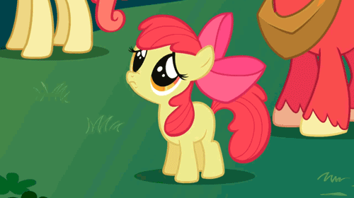 Size: 500x280 | Tagged: safe, screencap, character:apple bloom, character:big mcintosh, species:earth pony, species:pony, adorabloom, animated, cute, eye shimmer, frown, hnnng, looking up, male, sad, stallion