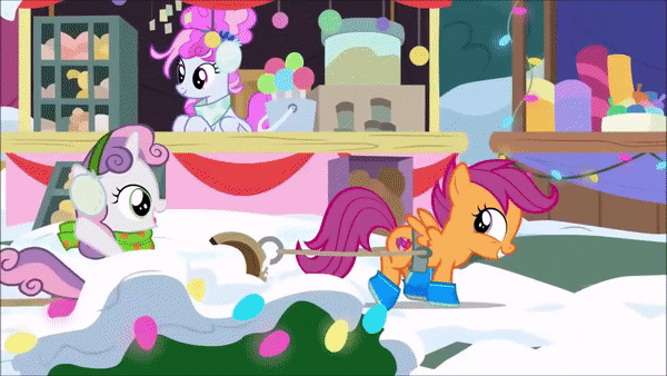 Size: 600x338 | Tagged: safe, screencap, character:cotton sky, character:florina tart, character:scootaloo, character:sweetie belle, species:earth pony, species:pegasus, species:pony, species:unicorn, episode:best gift ever, g4, my little pony: friendship is magic, animated, apple family member, bootaloo, boots, bow, clothing, cute, cutealoo, cutie mark, diasweetes, earmuffs, female, filly, gif, hair bow, looking back, mare, scarf, shoes, sled, snow, the cmc's cutie marks
