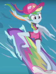 Size: 476x622 | Tagged: safe, screencap, character:rainbow dash, episode:blue crushed (a.k.a baewatch), g4, my little pony:equestria girls, barefoot, belly button, clothing, cropped, feet, geode of super speed, magical geodes, midriff, solo, surfboard, surfing, swimsuit, wave