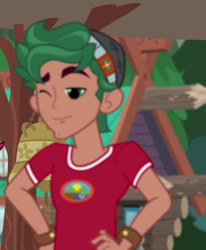 Size: 594x720 | Tagged: safe, screencap, character:timber spruce, equestria girls:legend of everfree, g4, my little pony:equestria girls, camp everfree outfits, clothing, cropped, male, one eye closed, solo, wink