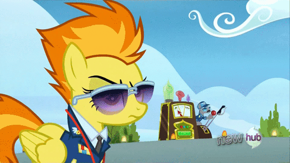 Size: 576x324 | Tagged: safe, screencap, character:meadow flower, character:spitfire, episode:wonderbolts academy, animated, dizzitron, sunglasses, wonderbolt trainee uniform