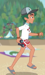 Size: 261x431 | Tagged: safe, screencap, character:timber spruce, episode:unsolved selfie mysteries, g4, my little pony:equestria girls, clothing, cropped, feet, legs, lifeguard, lifeguard timber, male, sandals, shorts, solo focus