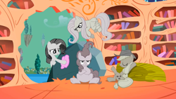 Size: 1280x720 | Tagged: safe, screencap, character:applejack, character:fluttershy, character:pinkie pie, character:rarity, character:tom, episode:the return of harmony, g4, my little pony: friendship is magic, bookshelf, bully, bullying, chaos, crossed legs, discorded, flutterbitch, golden oaks library, greedity, liarjack, meanie pie, polishing, ponyville, pouting, reclining
