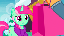 Size: 1436x808 | Tagged: safe, screencap, character:minty bubblegum, species:pony, species:unicorn, episode:best gift ever, g4, my little pony: friendship is magic, background pony, clothing, female, mare, scarf, shopping bags, solo focus