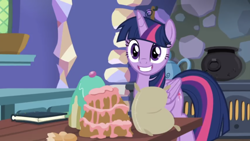 Size: 1334x750 | Tagged: safe, screencap, character:twilight sparkle, character:twilight sparkle (alicorn), species:alicorn, species:pony, episode:best gift ever, g4, my little pony: friendship is magic, book, bowl, cake, cute, eggshell, female, food, kitchen, mare, messy mane, oven, poker face, she knows, smiling, solo, twiabetes, window, you tried