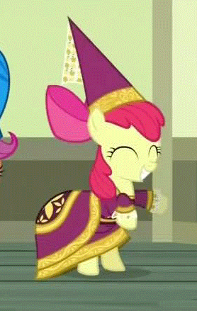 Size: 278x439 | Tagged: safe, screencap, character:apple bloom, character:scootaloo, species:pegasus, species:pony, episode:for whom the sweetie belle toils, adorabloom, animated, clothing, costume, cropped, cute, dress, eyes closed, female, filly, gif, grin, happy, hennin, hoofy-kicks, loop, princess costume, princess hat, princess outfit, rearing, smiling, solo focus, squee
