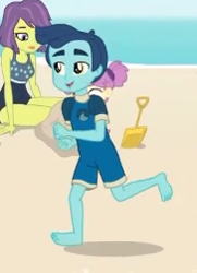 Size: 182x252 | Tagged: safe, screencap, character:victoria, episode:unsolved selfie mysteries, g4, my little pony:equestria girls, background human, barefoot, beach, clothing, cropped, feet, female, henry handle, legs, male, male feet, manestrum, running, swimsuit, victoria, water lily (equestria girls)