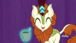Size: 1920x1080 | Tagged: safe, screencap, character:autumn blaze, species:kirin, episode:sounds of silence, g4, my little pony: friendship is magic, awwtumn blaze, cup, cure, cute, discovery family logo, eyes closed, happy, magic, solo